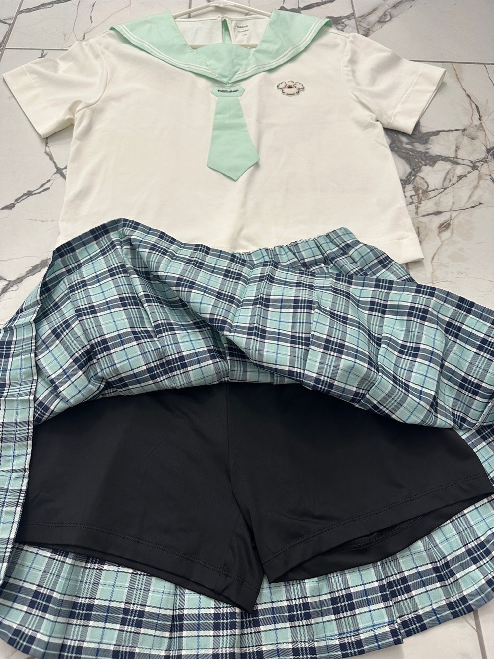 Girl Sailor Top and Plaid Pleated Skort Set in Mint and White - Picture 10 of 10